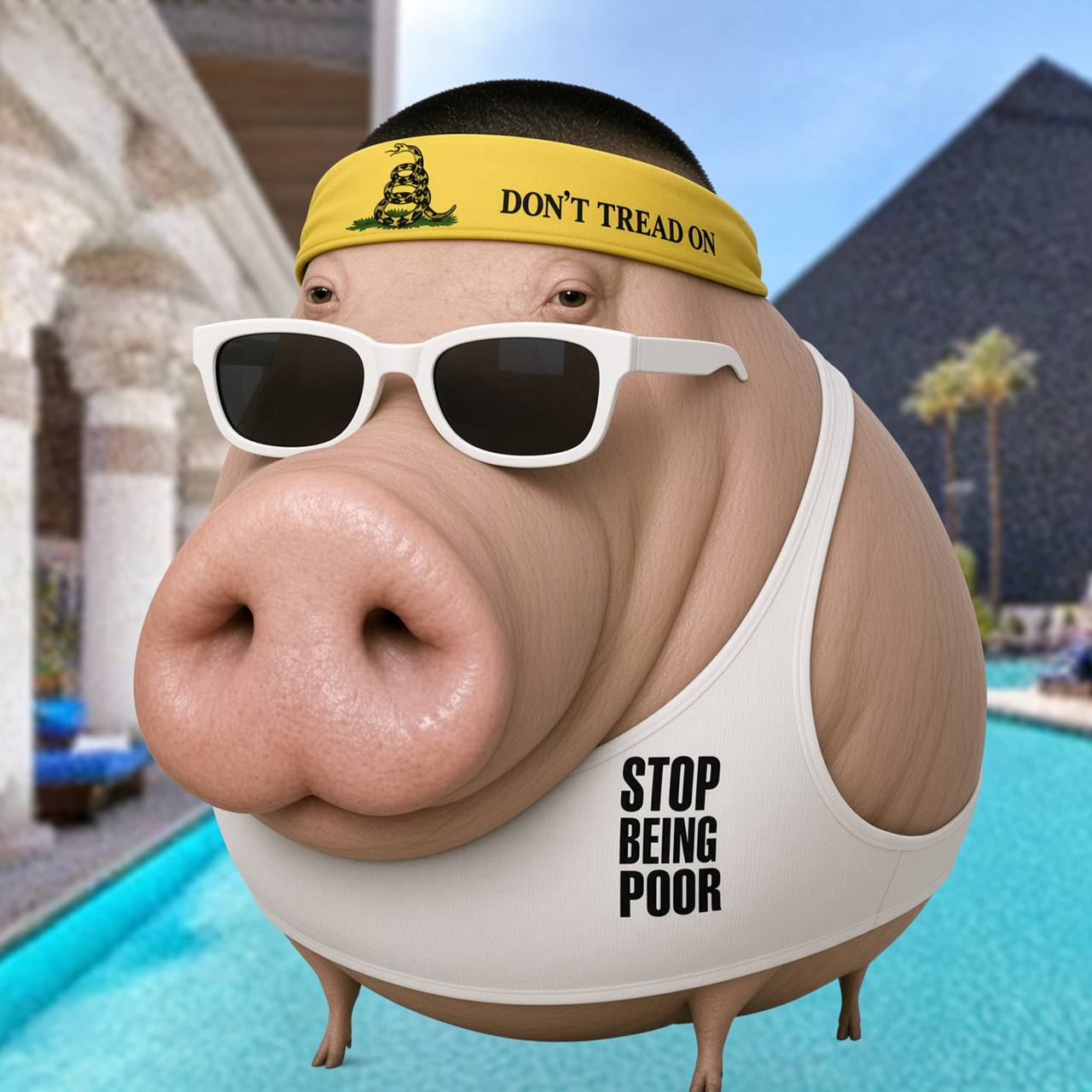 Alon in sunglasses by a pool