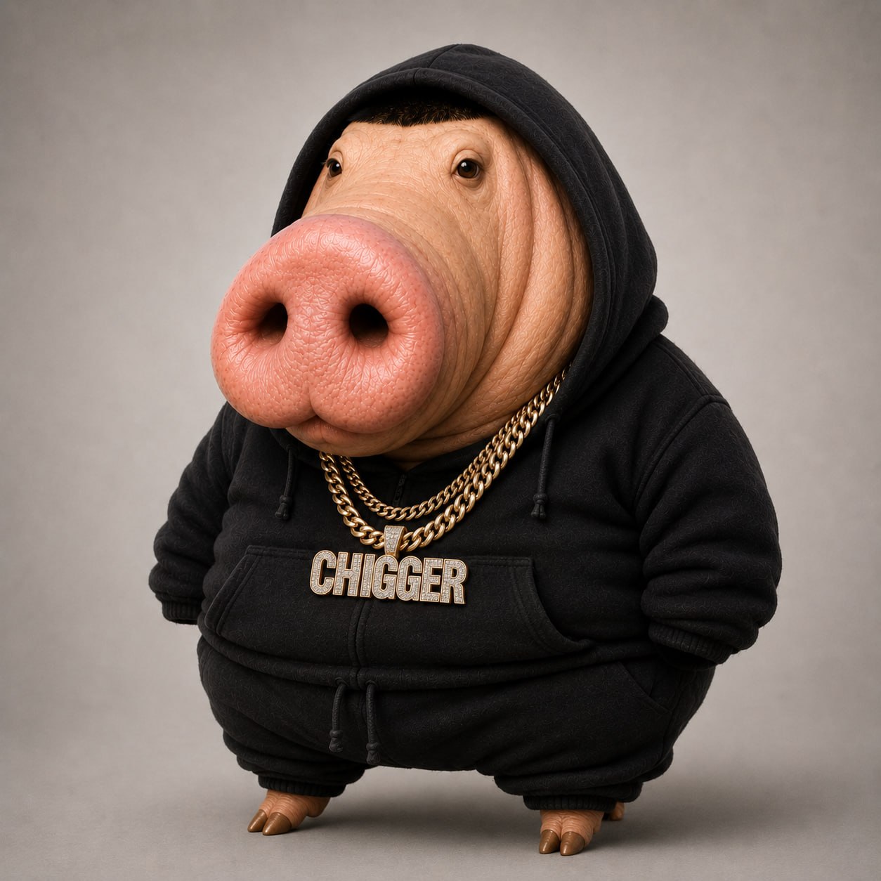 Chud Pig in a black hoodie and gold chain