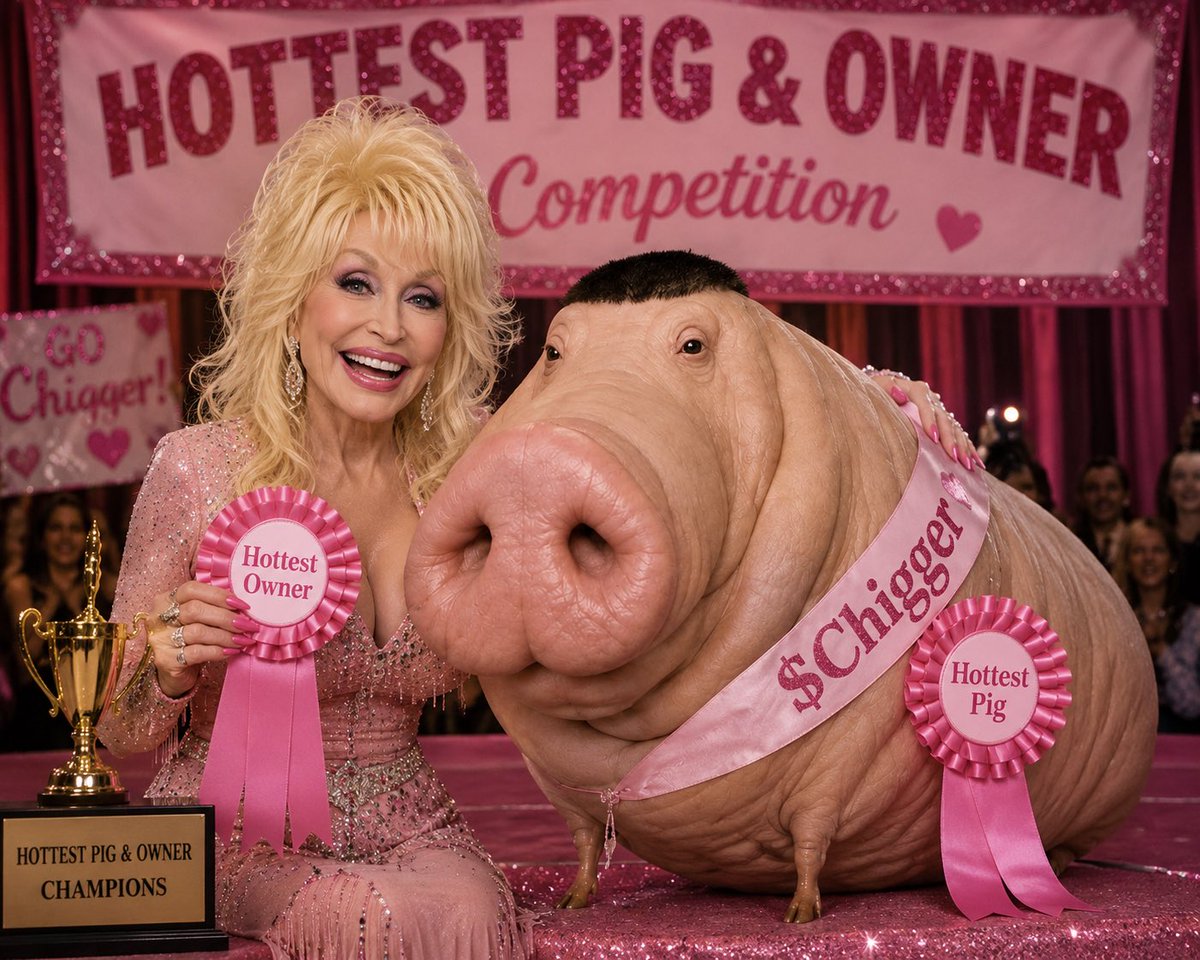 Chud Pig celebrating a pageant win beside Dolly Parton