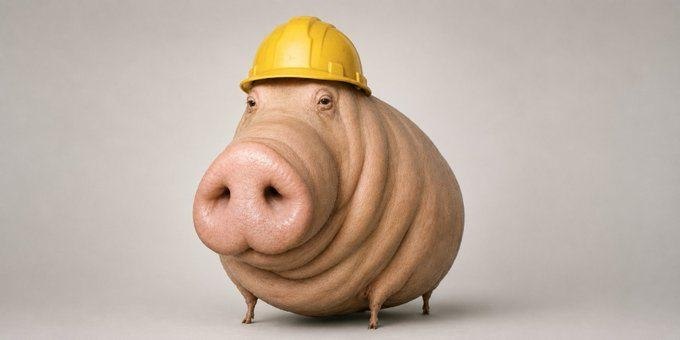 Chud Pig wearing a yellow construction helmet
