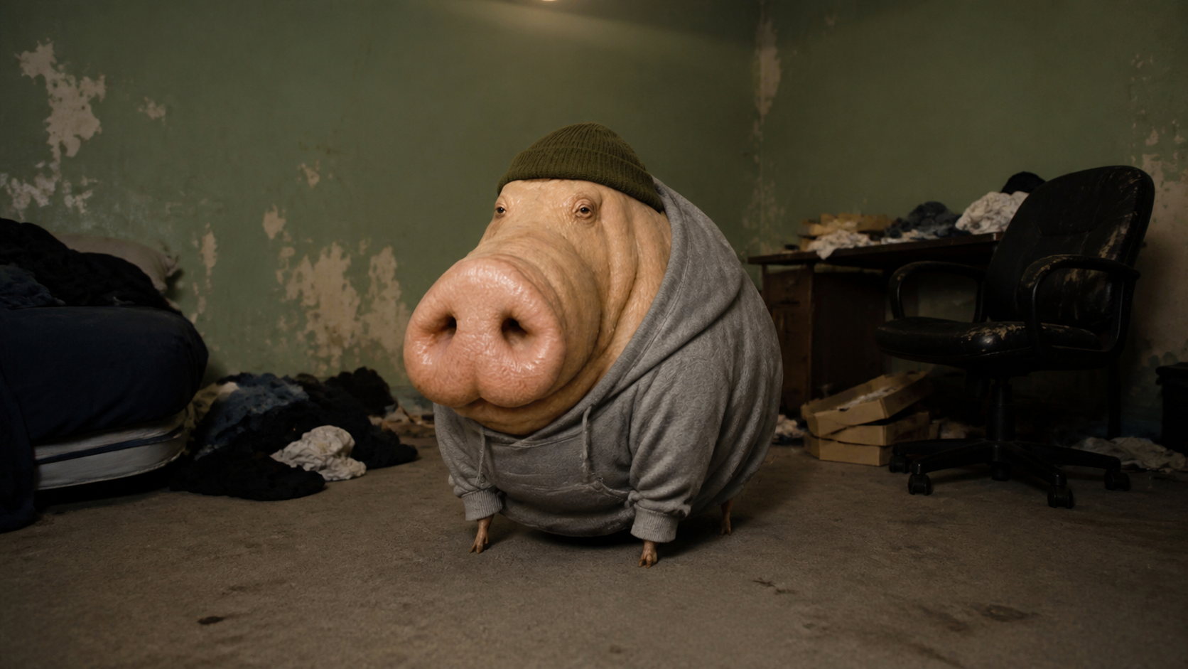 Chud Pig in an oversized grey hoodie and knitted beanie, standing in his disorderly bedroom