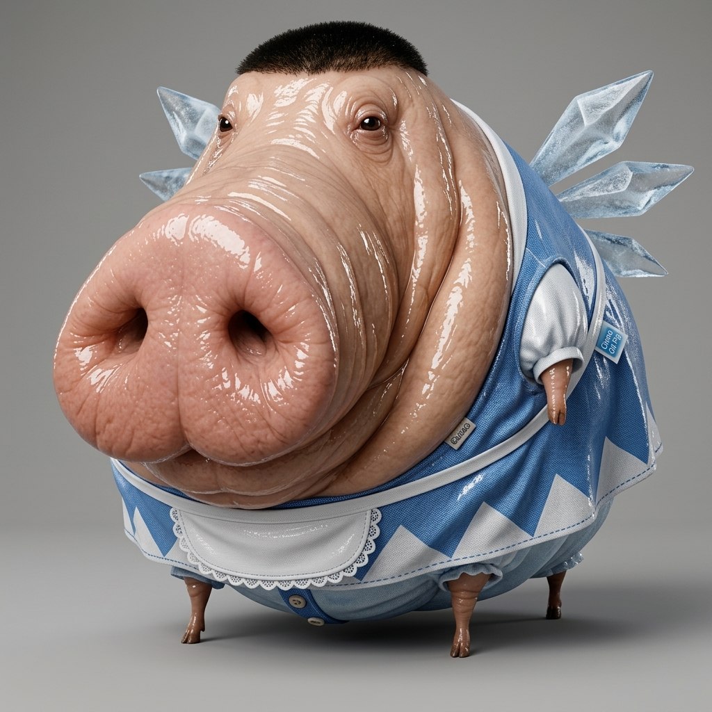 Oily Chud Pig in a blue-and-white maid outfit