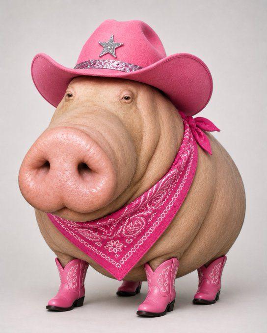 Chud Pig in a pink cowgirl hat, bandana, and cowboy boots
