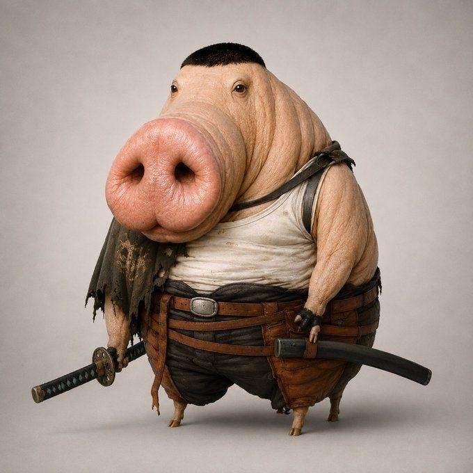 Chud Pig dressed as a fantasy adventurer with a sword