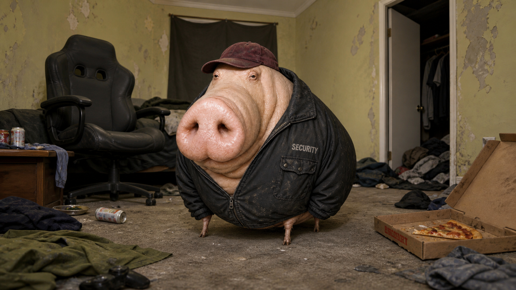 Chud Pig in a battered cap and security jacket in his disorderly bedroom