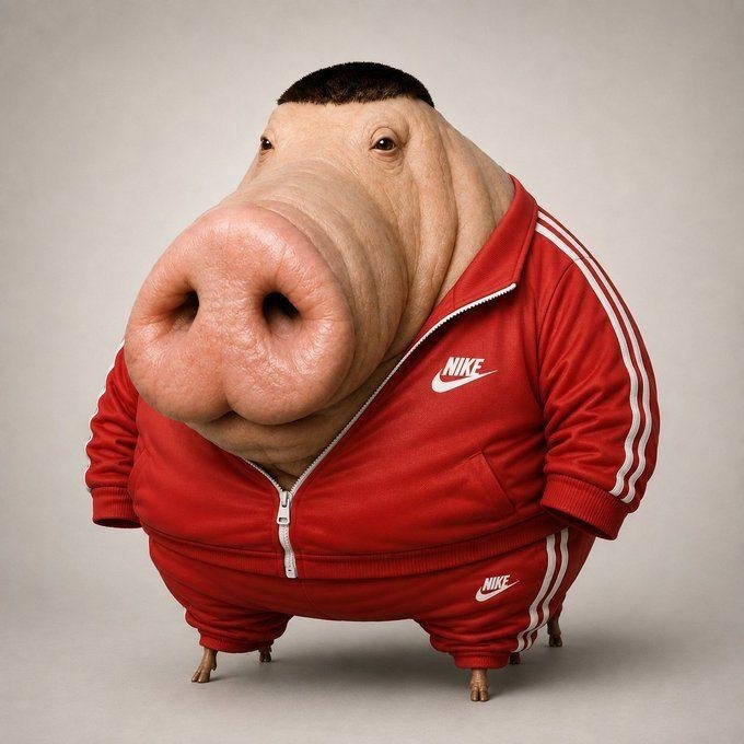 Chud Pig in a red tracksuit