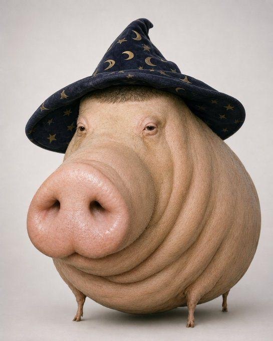Chud Pig wearing a starry wizard hat