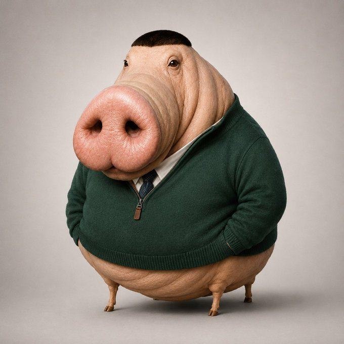 Chud Pig in a green zip-neck sweater and tie